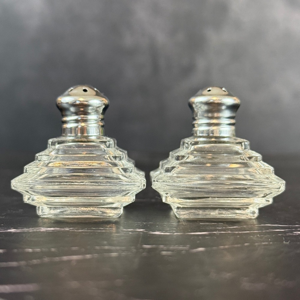 Vintage Irice Mini Crystal Salt & Pepper Shakers Art Deco 1.5"x1.5" Sterling Cap
